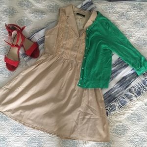 Doe & Rae Tan Polkadot Button Up Lace Front Dress